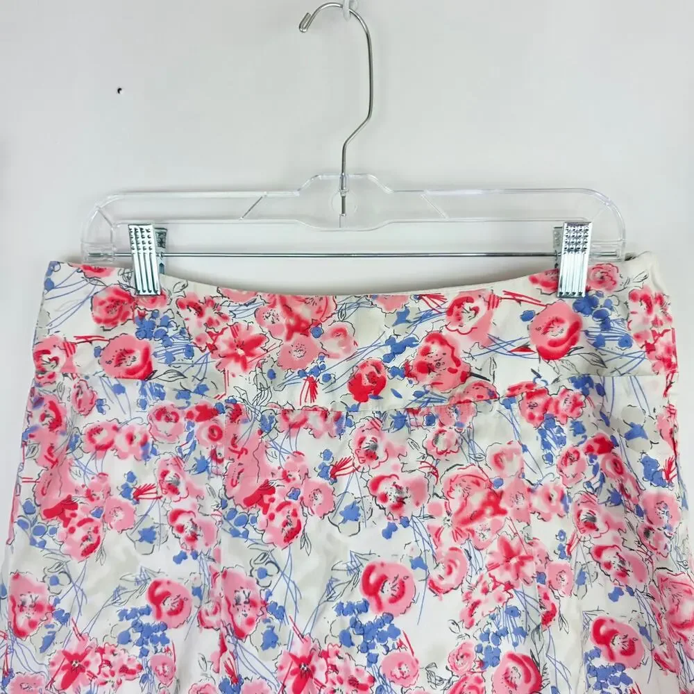 Floral A-Line Skirt Medium White Pink Blue Lace Trim Cottagecore Coquette Girly